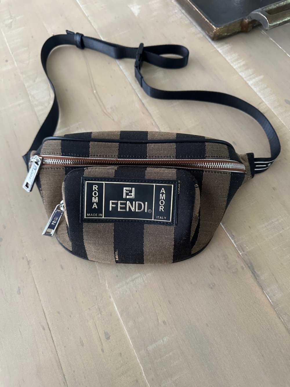 Fendi Striped Canvas Belt Bag with Logo Plaque